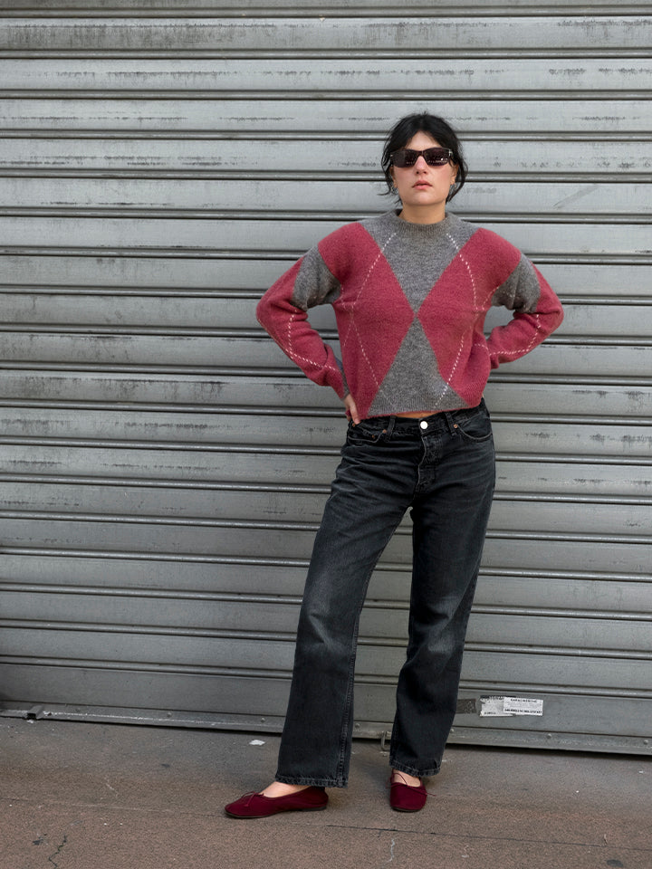 Women’s crew neck sweater with argyle pattern